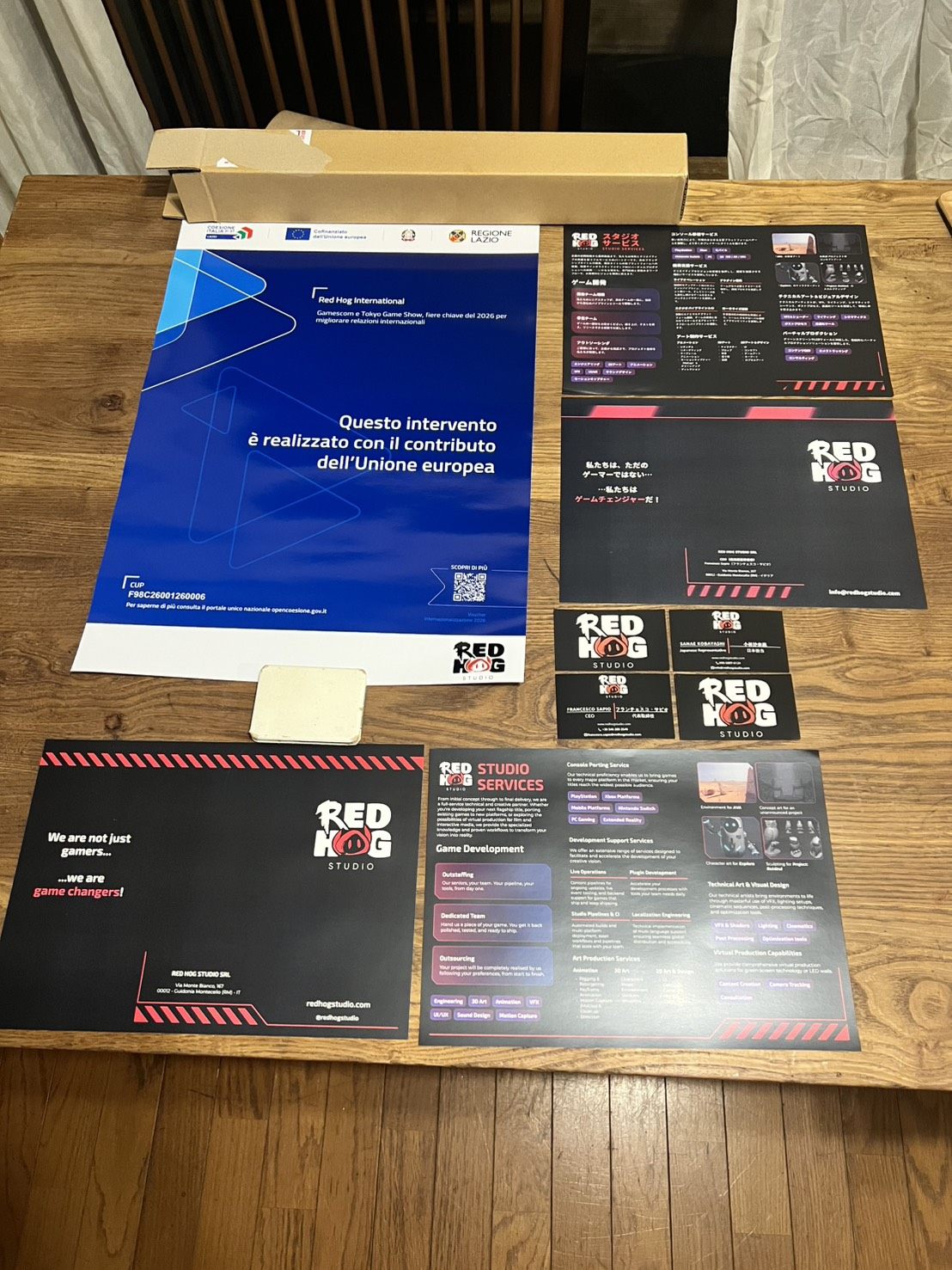 Poster istituzionale del progetto, brochure dei servizi in inglese e giapponese, flyer e biglietti da visita Red Hog Studio